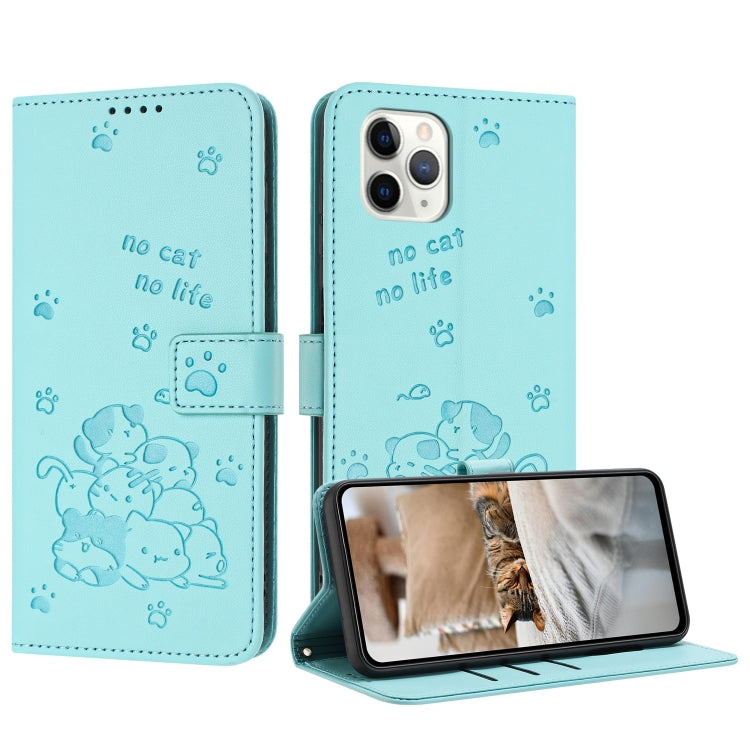 Embossed Kitten Phone Leather Case with Lanyard, For iPhone 13 mini, For iPhone 12 / 12 Pro, For iPhone 12 Pro Max, For iPhone 11 Pro Max