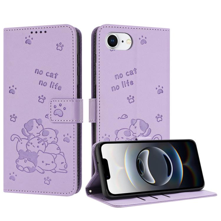 Embossed Kitten Phone Leather Case with Lanyard, iPhone 16e, For iPhone 16 Pro Max, For iPhone 16 Pro, For iPhone 16 Plus
