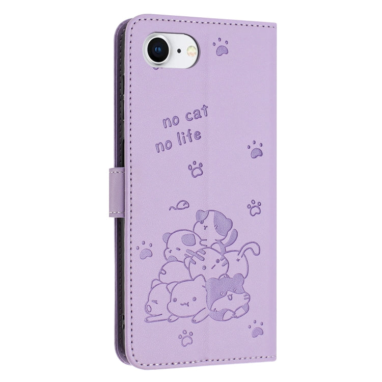 Embossed Kitten Phone Leather Case with Lanyard, iPhone 16e, For iPhone 16 Pro Max, For iPhone 16 Pro, For iPhone 16 Plus