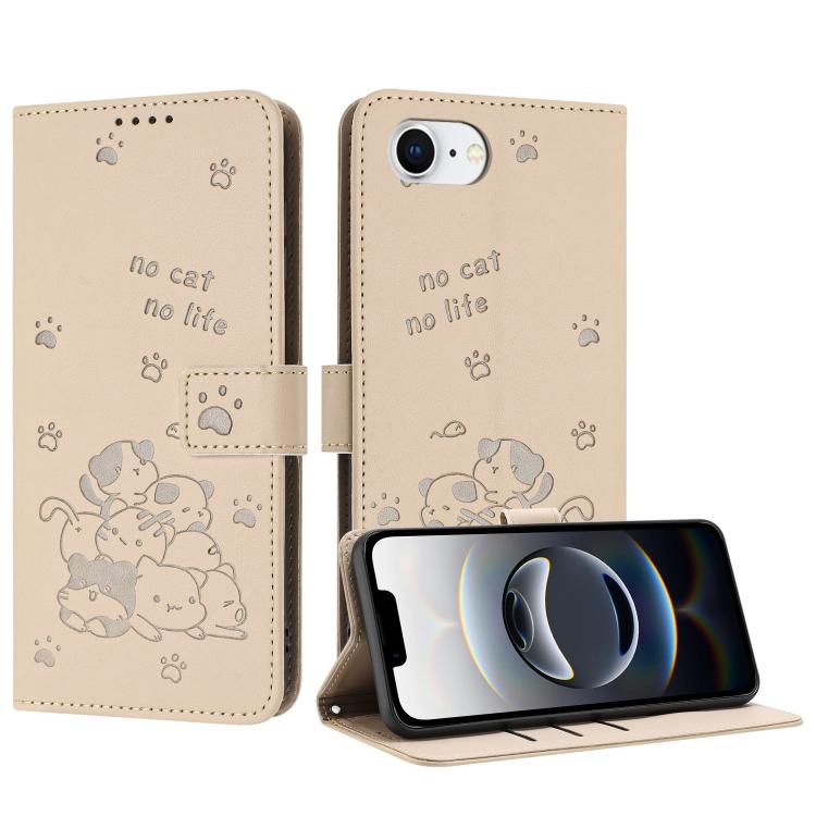 Embossed Kitten Phone Leather Case with Lanyard, iPhone 16e, For iPhone 16 Pro Max, For iPhone 16 Pro, For iPhone 16 Plus