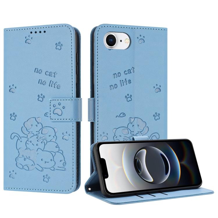 Embossed Kitten Phone Leather Case with Lanyard, iPhone 16e, For iPhone 16 Pro Max, For iPhone 16 Pro, For iPhone 16 Plus
