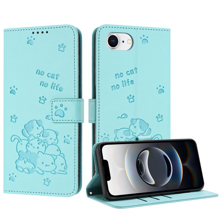Embossed Kitten Phone Leather Case with Lanyard, iPhone 16e, For iPhone 16 Pro Max, For iPhone 16 Pro, For iPhone 16 Plus