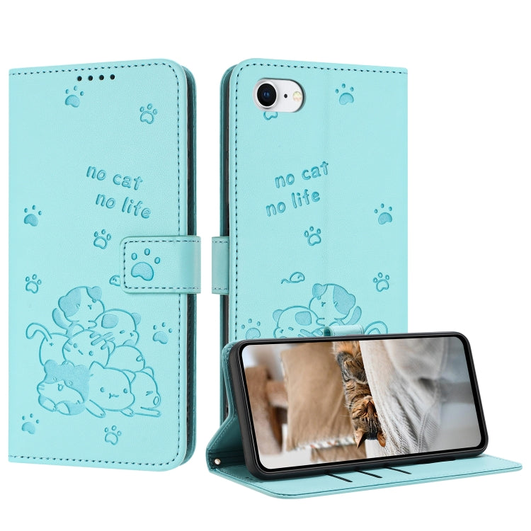 Embossed Kitten Phone Leather Case with Lanyard, For iPhone 14 Pro Max, For iPhone SE 2022 / 2020, For iPhone 13 Pro Max, For iPhone 13 Pro