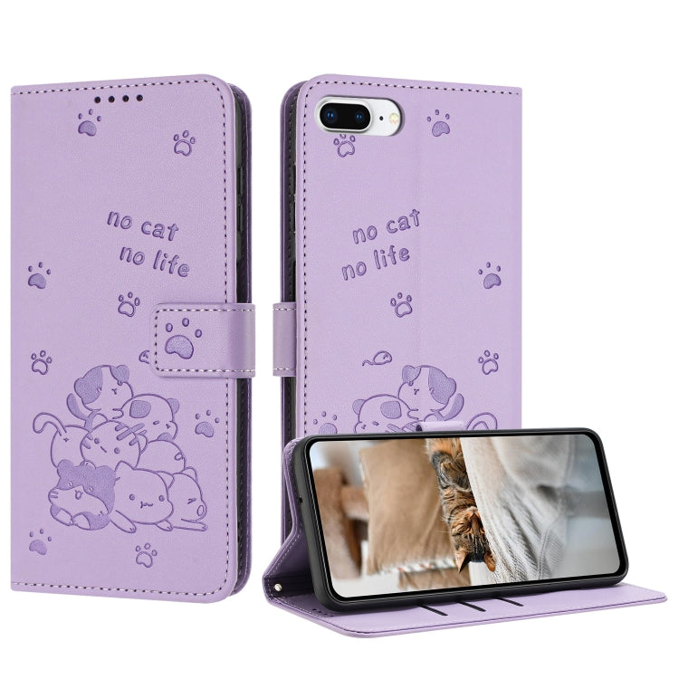 Embossed Kitten Phone Leather Case with Lanyard, For iPhone XS Max, For iPhone 8 Plus / 7 Plus