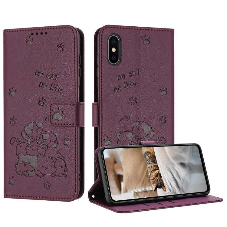 Embossed Kitten Phone Leather Case with Lanyard, For iPhone 11, For iPhone 11 Pro, For iPhone XS / X, For iPhone XR