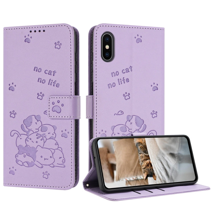 Embossed Kitten Phone Leather Case with Lanyard, For iPhone XS Max, For iPhone 8 Plus / 7 Plus
