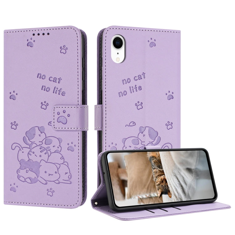 Embossed Kitten Phone Leather Case with Lanyard, For iPhone 11, For iPhone 11 Pro, For iPhone XS / X, For iPhone XR