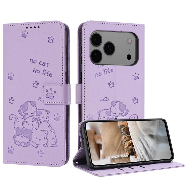 Embossed Kitten Phone Leather Case with Lanyard, For iPhone 17 Pro Max, For iPhone 17 Pro, For iPhone 17, For iPhone 17 Air