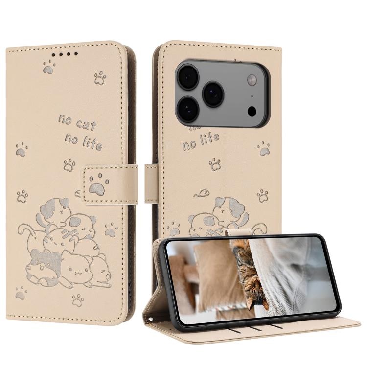 Embossed Kitten Phone Leather Case with Lanyard, For iPhone 17 Pro Max, For iPhone 17 Pro, For iPhone 17, For iPhone 17 Air