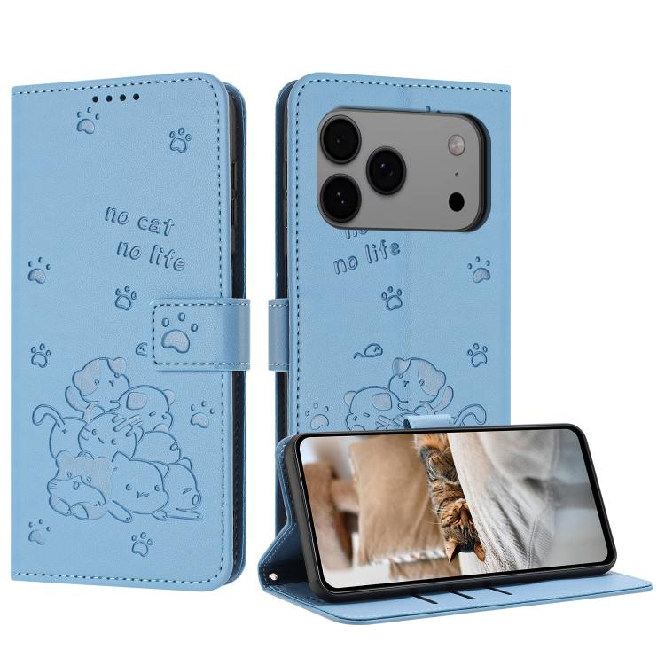 Embossed Kitten Phone Leather Case with Lanyard, For iPhone 17 Pro Max, For iPhone 17 Pro, For iPhone 17, For iPhone 17 Air