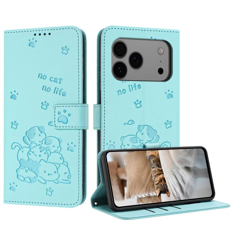 Embossed Kitten Phone Leather Case with Lanyard, For iPhone 17 Pro Max, For iPhone 17 Pro, For iPhone 17, For iPhone 17 Air