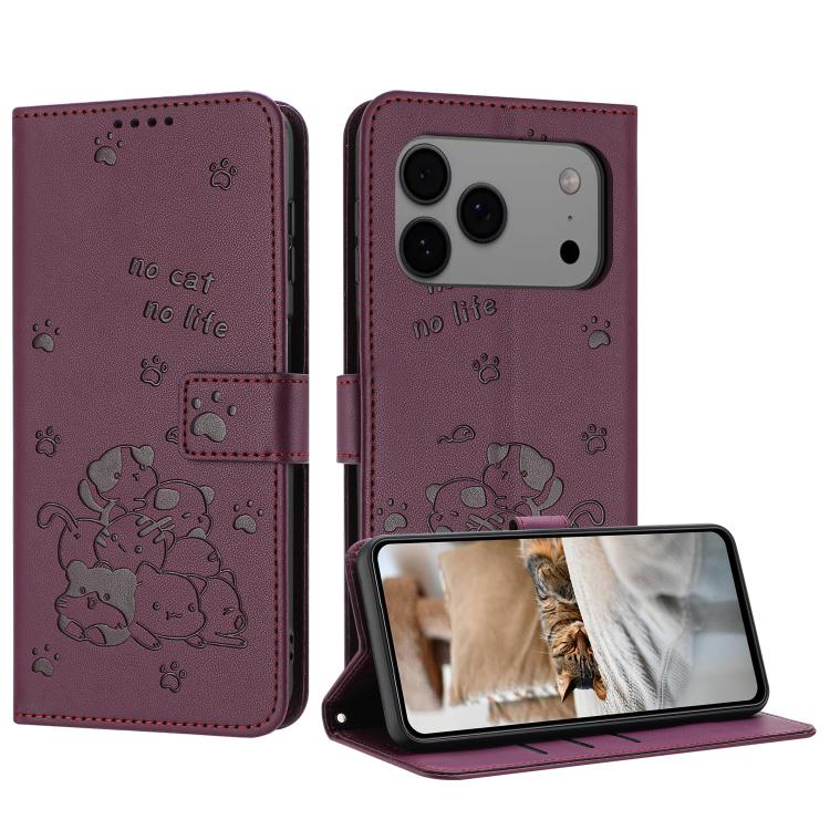 Embossed Kitten Phone Leather Case with Lanyard, For iPhone 17 Pro Max, For iPhone 17 Pro, For iPhone 17, For iPhone 17 Air