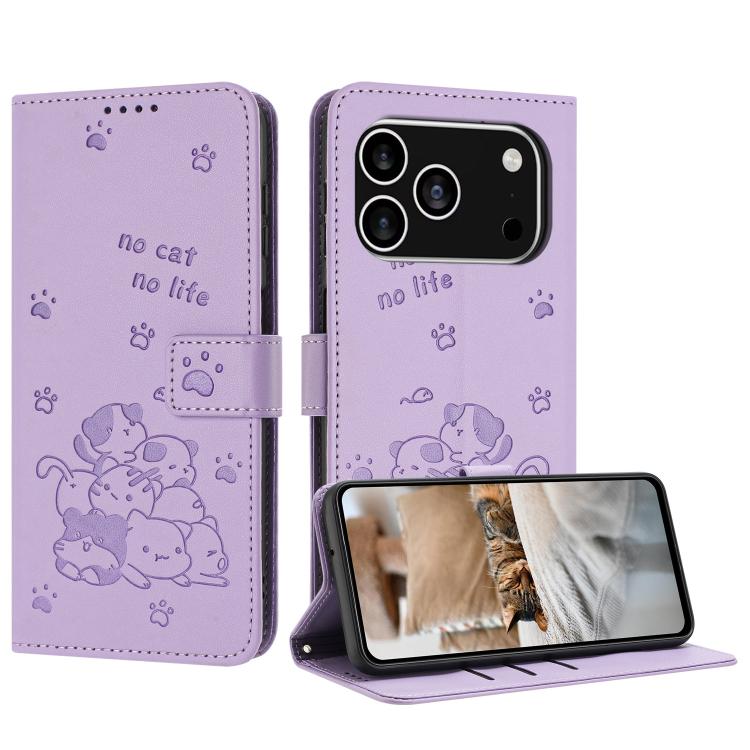 Embossed Kitten Phone Leather Case with Lanyard, For iPhone 17 Pro Max, For iPhone 17 Pro, For iPhone 17, For iPhone 17 Air