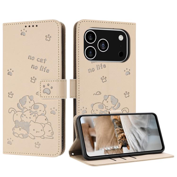 Embossed Kitten Phone Leather Case with Lanyard, For iPhone 17 Pro Max, For iPhone 17 Pro, For iPhone 17, For iPhone 17 Air