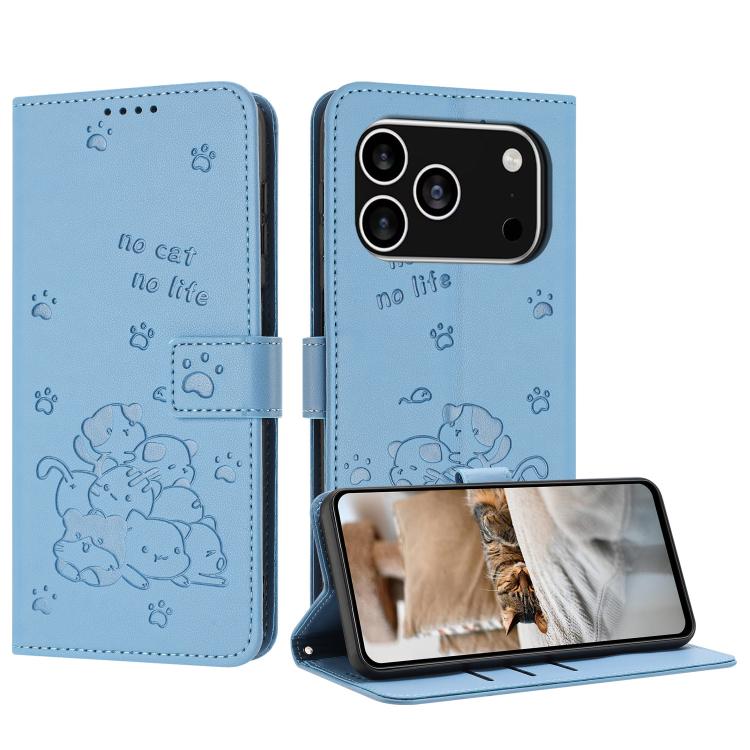Embossed Kitten Phone Leather Case with Lanyard, For iPhone 17 Pro Max, For iPhone 17 Pro, For iPhone 17, For iPhone 17 Air