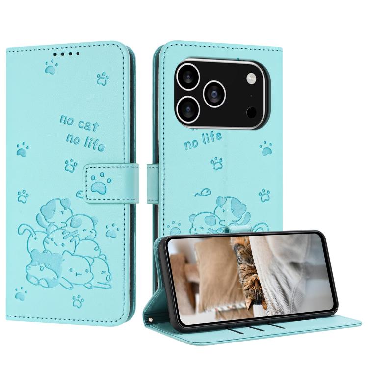 Embossed Kitten Phone Leather Case with Lanyard, For iPhone 17 Pro Max, For iPhone 17 Pro, For iPhone 17, For iPhone 17 Air