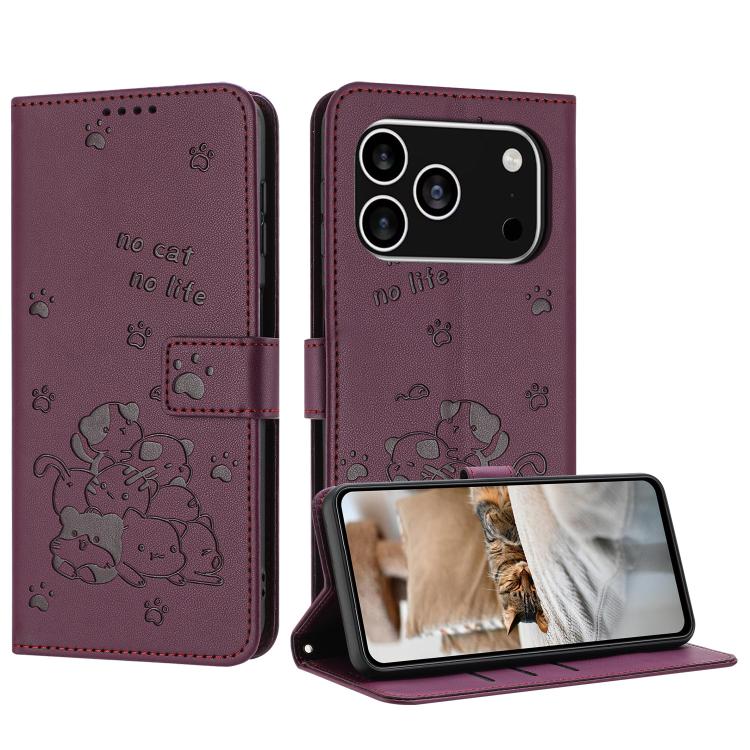Embossed Kitten Phone Leather Case with Lanyard, For iPhone 17 Pro Max, For iPhone 17 Pro, For iPhone 17, For iPhone 17 Air