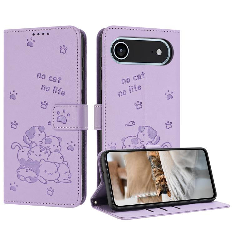Embossed Kitten Phone Leather Case with Lanyard, For iPhone 17 Pro Max, For iPhone 17 Pro, For iPhone 17, For iPhone 17 Air