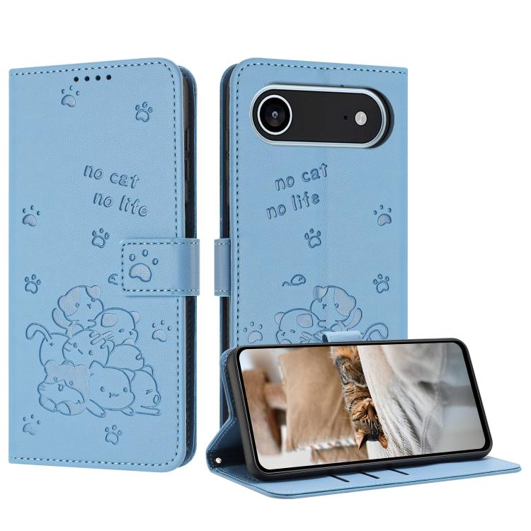 Embossed Kitten Phone Leather Case with Lanyard, For iPhone 17 Pro Max, For iPhone 17 Pro, For iPhone 17, For iPhone 17 Air