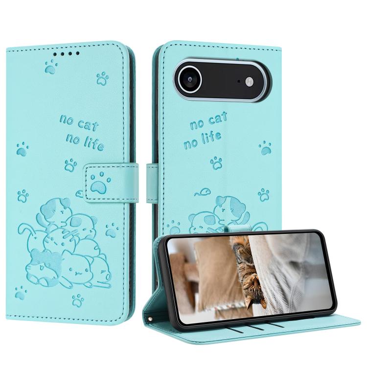 Embossed Kitten Phone Leather Case with Lanyard, For iPhone 17 Pro Max, For iPhone 17 Pro, For iPhone 17, For iPhone 17 Air