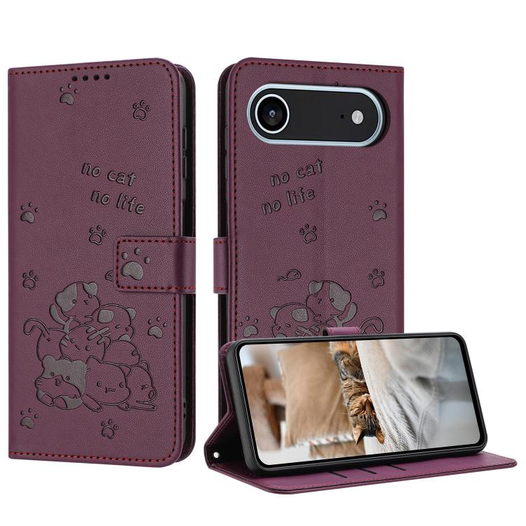 Embossed Kitten Phone Leather Case with Lanyard, For iPhone 17 Pro Max, For iPhone 17 Pro, For iPhone 17, For iPhone 17 Air