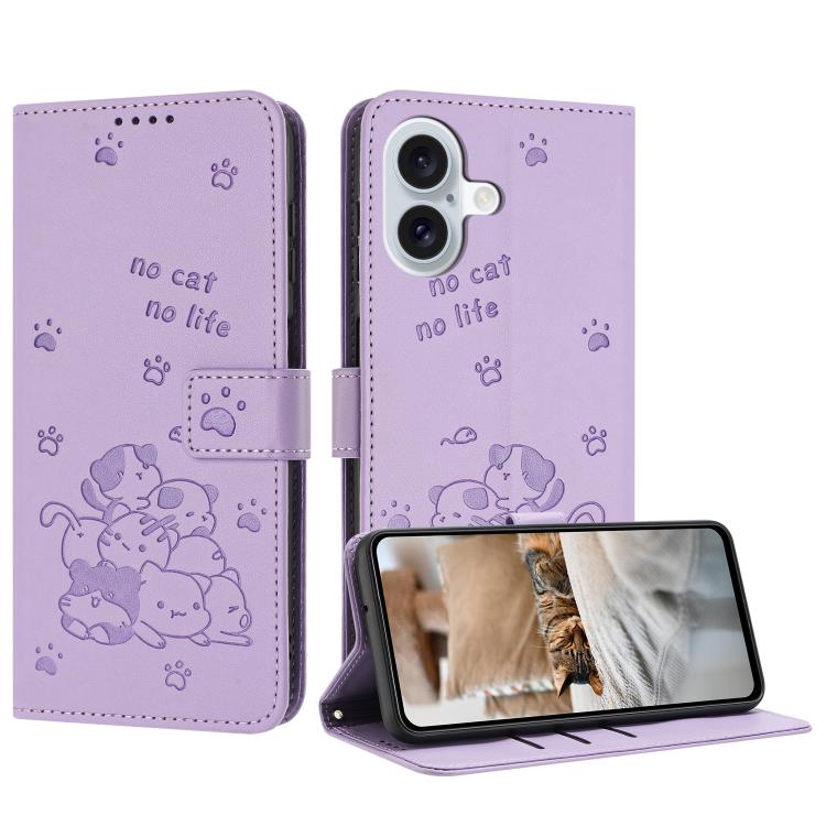 Embossed Kitten Phone Leather Case with Lanyard, For iPhone 17 Pro Max, For iPhone 17 Pro, For iPhone 17, For iPhone 17 Air