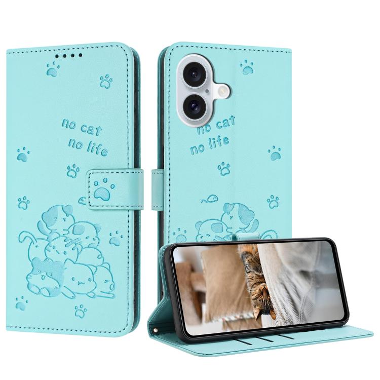 Embossed Kitten Phone Leather Case with Lanyard, For iPhone 17 Pro Max, For iPhone 17 Pro, For iPhone 17, For iPhone 17 Air