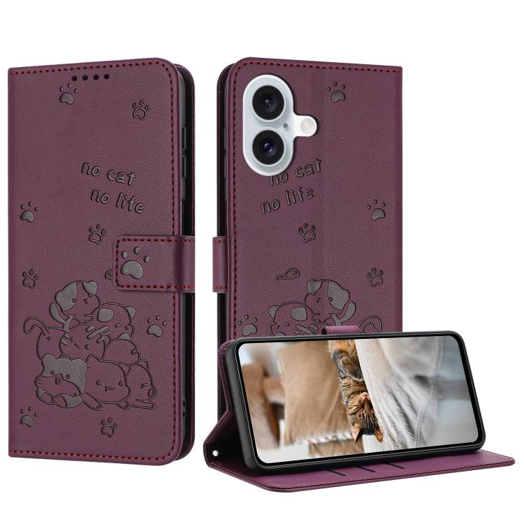 Embossed Kitten Phone Leather Case with Lanyard, For iPhone 17 Pro Max, For iPhone 17 Pro, For iPhone 17, For iPhone 17 Air