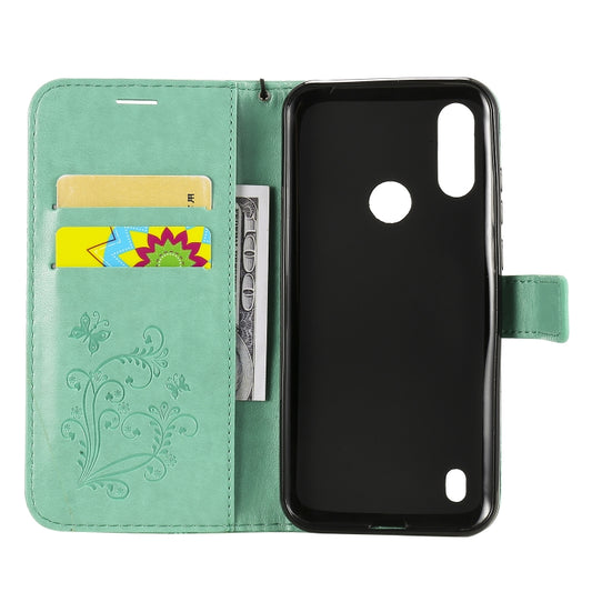 Moto E6s leather wallet case featuring 3D embossed butterfly motif and lanyard attachment