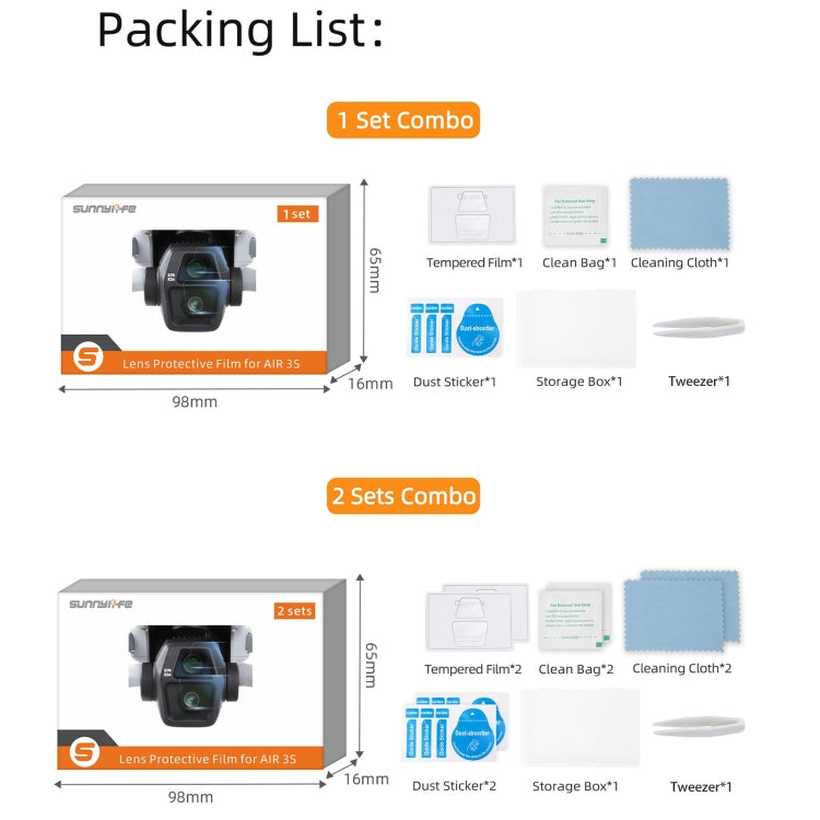 For DJI Air 3S Sunnylife Tempered Glass Film Lens Protector, 1 Set, 2 Sets