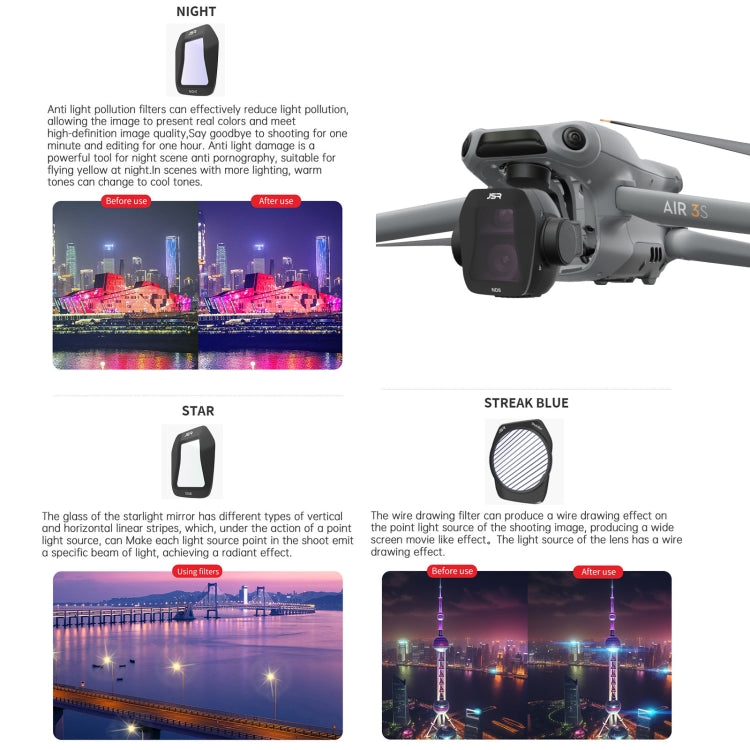 For DJI Air 3S JSR CB Series Drone Lens Filter, UV, CPL, ND8, ND16, ND32, ND64, ND8PL, ND16PL, ND32PL, ND64PL, NIGHT, STAR, Streak Drawing Blue, Adjustable CPL, 3 in 1 ND8/32/64, 4 in 1 CPL ND8/32/64, 4 in 1 ND8-64PL, 6 in 1 ND8-64 CPL STAR������������...