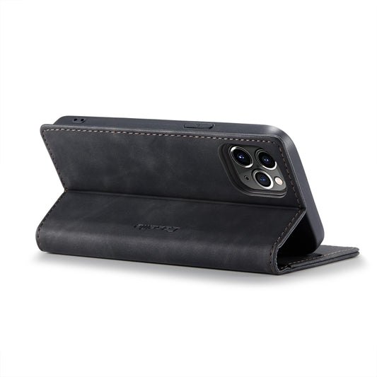 CaseMe leather case in use with iPhone 12, showing convenient kickstand angle