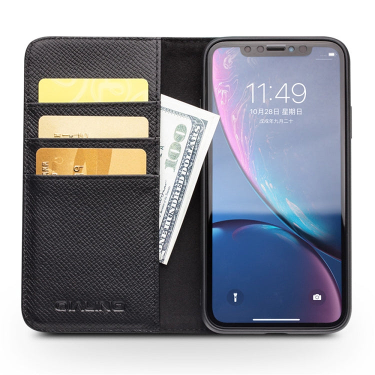 QIALINO 2 in 1 Cross Texture Top-grain Leather  + PC + TPU Horizontal Flip Leather Case with Holder & Card Slots, For iPhone XR