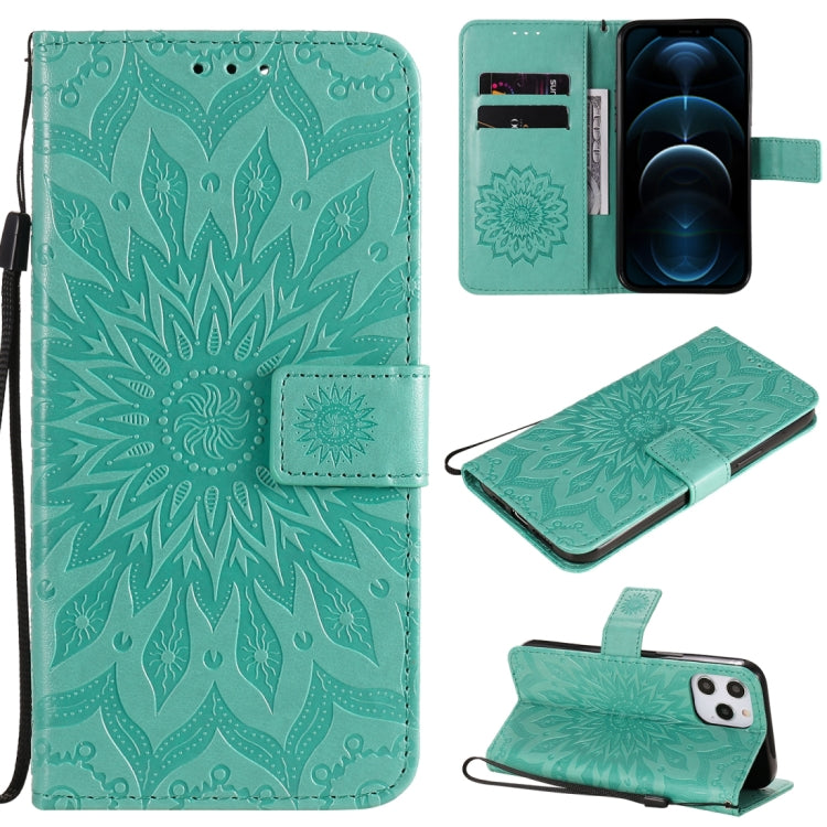 Pressed Printing Sunflower Pattern Horizontal Flip PU Leather Case Holder & Card Slots & Wallet & Lanyard, For iPhone 12 mini, For iPhone 12 / 12 Pro, For iPhone 12 Pro Max