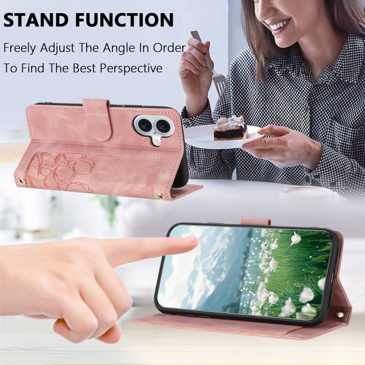 Tulips Embossed Leather Phone Case with Lanyard, For iPhone 16, For iPhone 15 Pro Max, For iPhone 15 Pro, For iPhone 15 Plus
