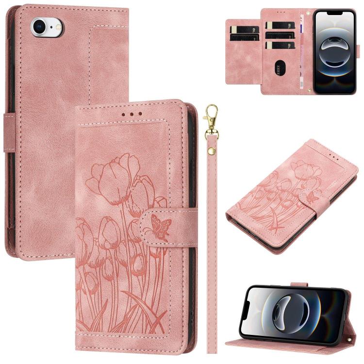 Tulips Embossed Leather Phone Case with Lanyard, iPhone 16e, For iPhone 16 Pro Max, For iPhone 16 Pro, For iPhone 16 Plus