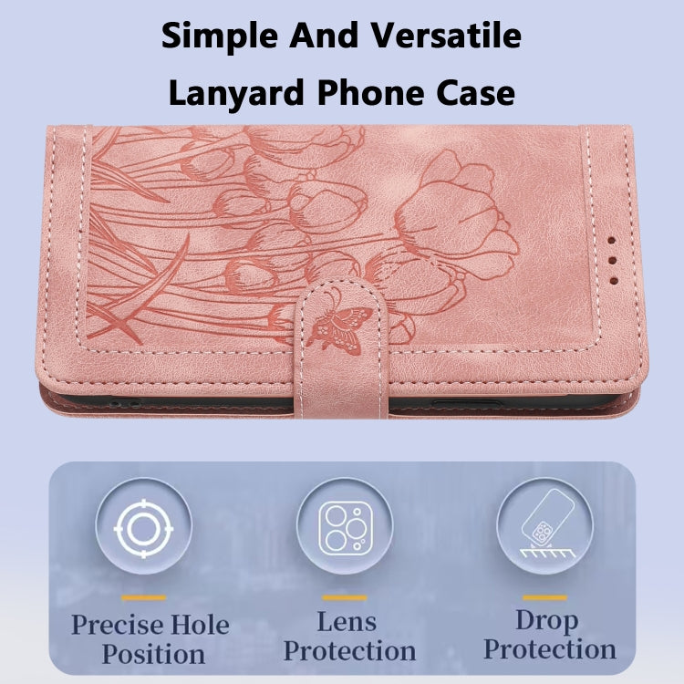 Tulips Embossed Leather Phone Case with Lanyard, iPhone 16e, For iPhone 16 Pro Max, For iPhone 16 Pro, For iPhone 16 Plus