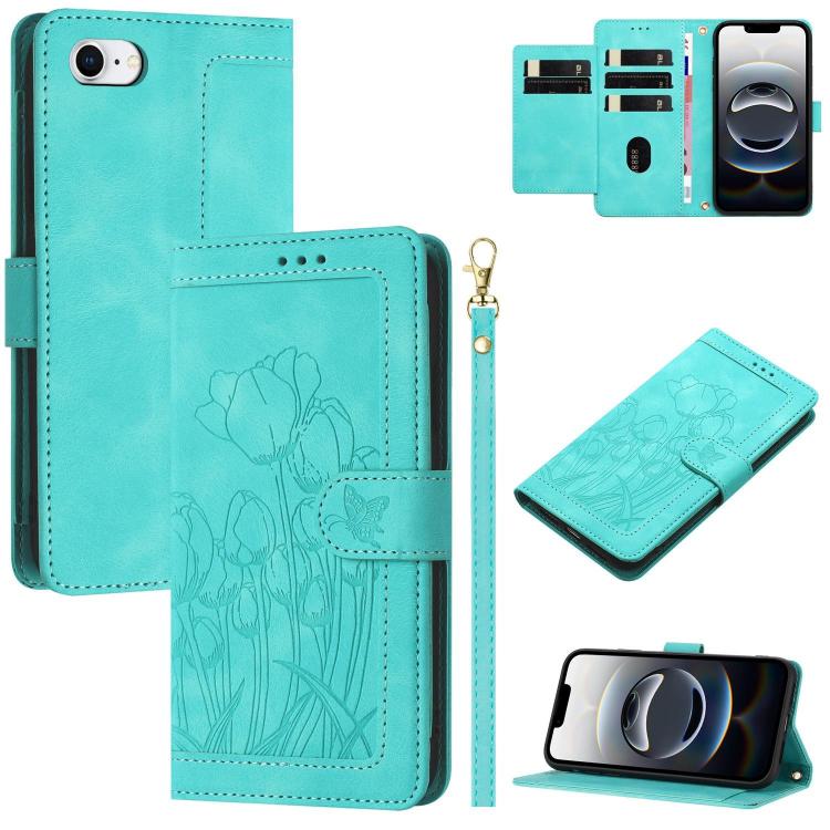 Tulips Embossed Leather Phone Case with Lanyard, iPhone 16e, For iPhone 16 Pro Max, For iPhone 16 Pro, For iPhone 16 Plus
