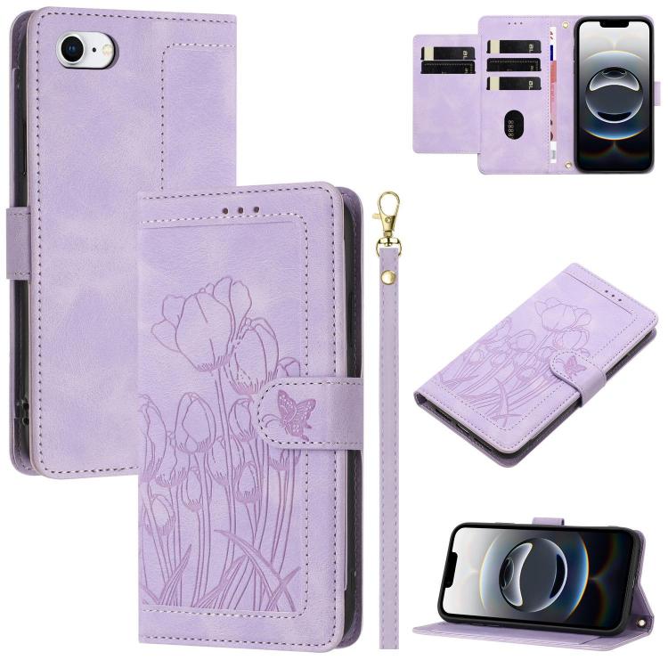 Tulips Embossed Leather Phone Case with Lanyard, iPhone 16e, For iPhone 16 Pro Max, For iPhone 16 Pro, For iPhone 16 Plus
