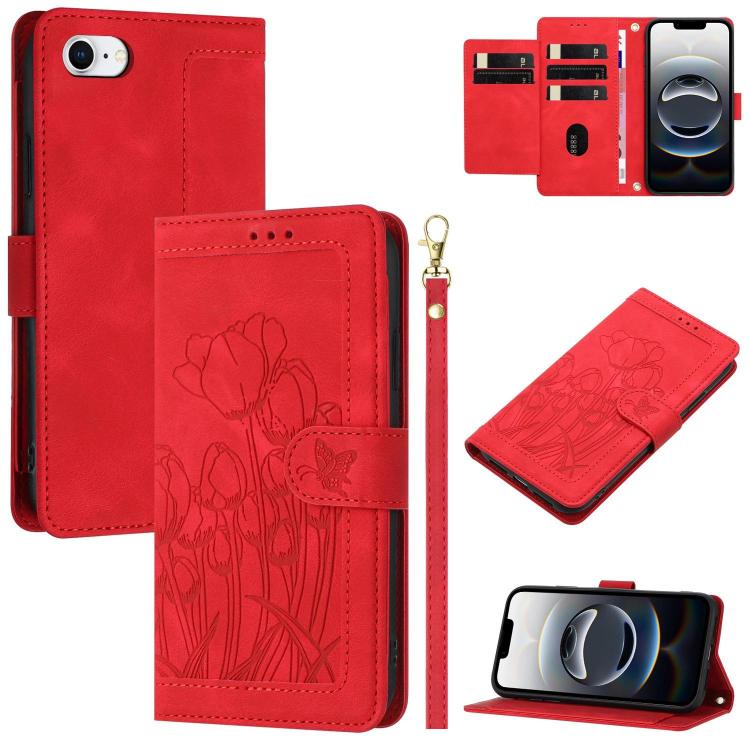 Tulips Embossed Leather Phone Case with Lanyard, iPhone 16e, For iPhone 16 Pro Max, For iPhone 16 Pro, For iPhone 16 Plus