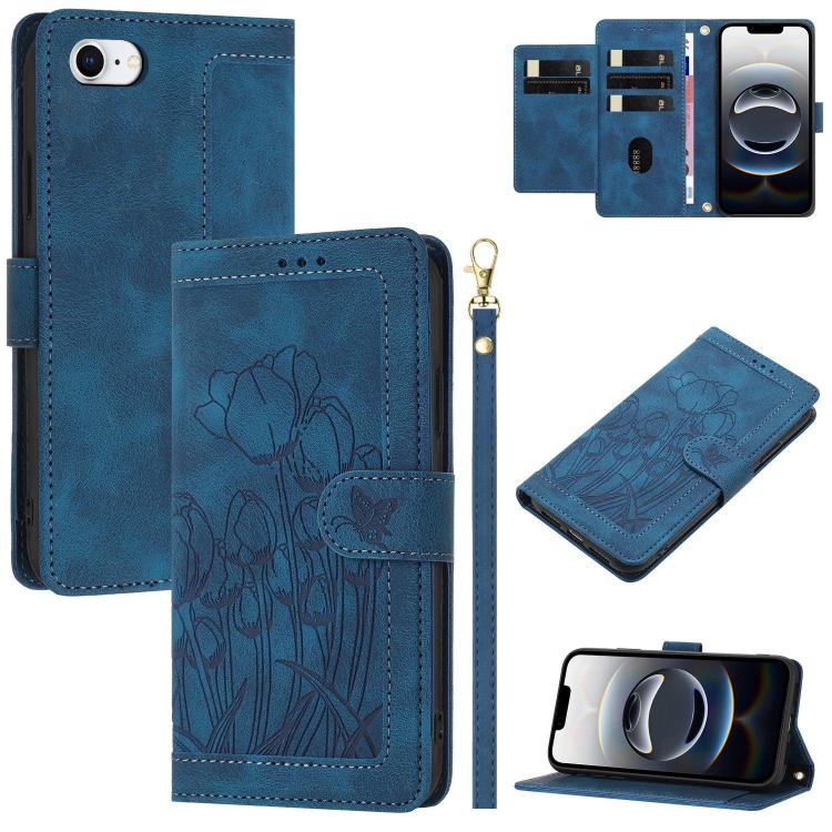 Tulips Embossed Leather Phone Case with Lanyard, iPhone 16e, For iPhone 16 Pro Max, For iPhone 16 Pro, For iPhone 16 Plus