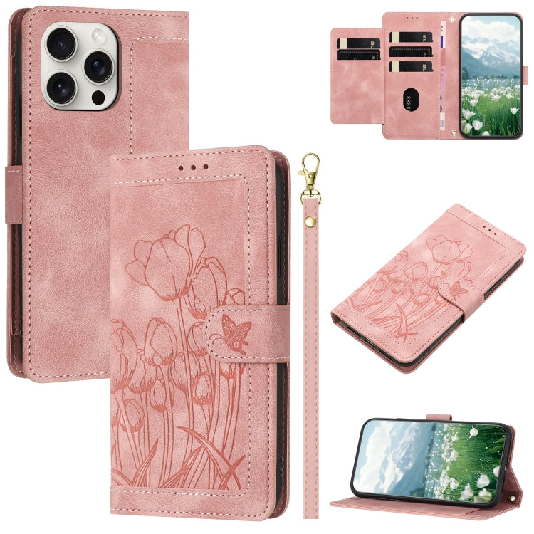 Tulips Embossed Leather Phone Case with Lanyard, For iPhone 16, For iPhone 15 Pro Max, For iPhone 15 Pro, For iPhone 15 Plus