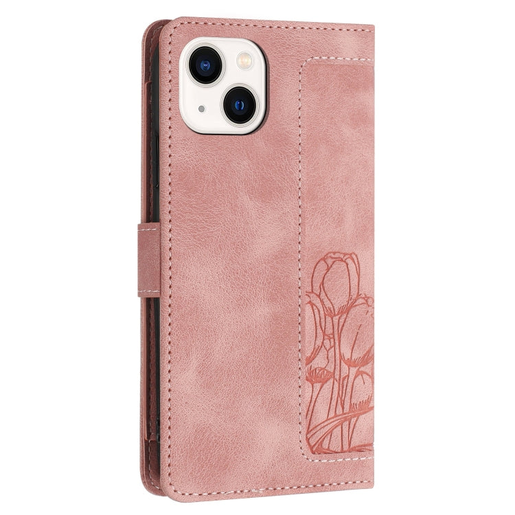 Tulips Embossed Leather Phone Case with Lanyard, For iPhone 15, For iPhone 14 Plus, For iPhone 14, For iPhone 14 Pro