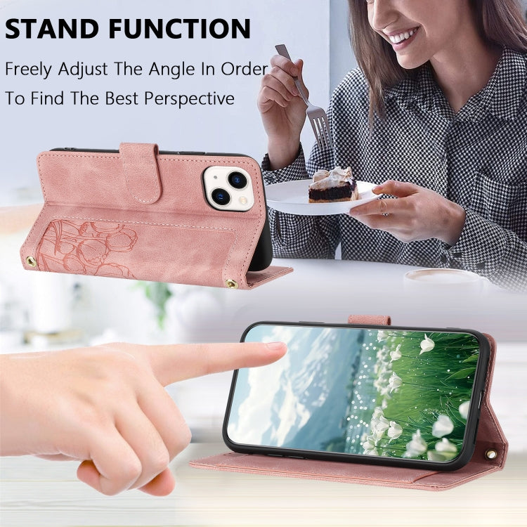 Tulips Embossed Leather Phone Case with Lanyard, For iPhone 15, For iPhone 14 Plus, For iPhone 14, For iPhone 14 Pro