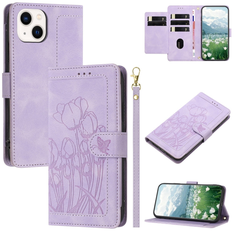 Tulips Embossed Leather Phone Case with Lanyard, For iPhone 15, For iPhone 14 Plus, For iPhone 14, For iPhone 14 Pro