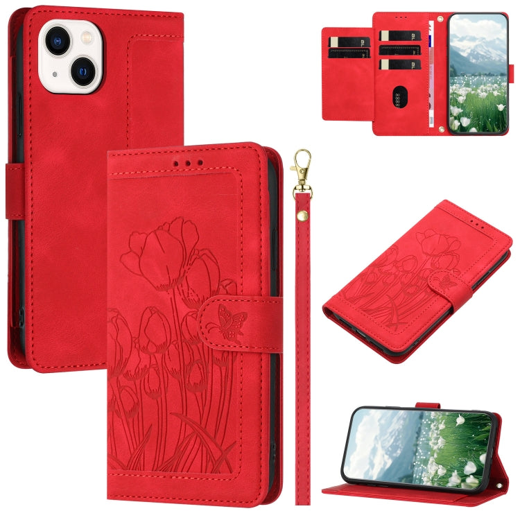 Tulips Embossed Leather Phone Case with Lanyard, For iPhone 15, For iPhone 14 Plus, For iPhone 14, For iPhone 14 Pro