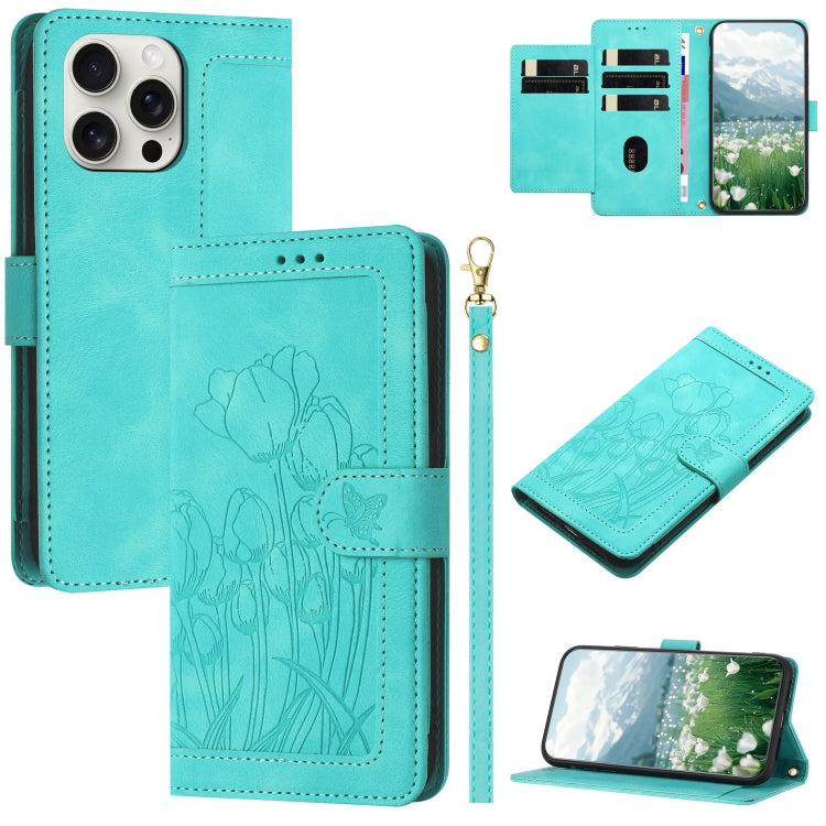 Tulips Embossed Leather Phone Case with Lanyard, For iPhone 15, For iPhone 14 Plus, For iPhone 14, For iPhone 14 Pro