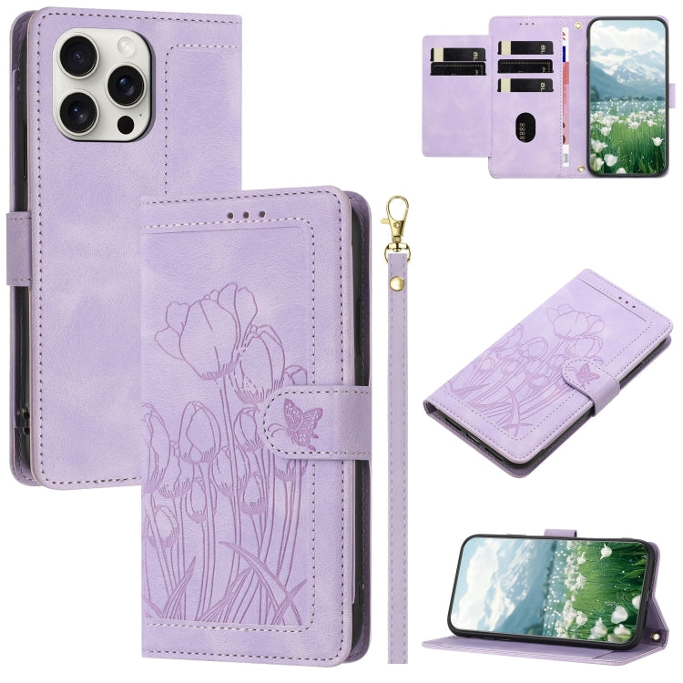 Tulips Embossed Leather Phone Case with Lanyard, For iPhone 15, For iPhone 14 Plus, For iPhone 14, For iPhone 14 Pro