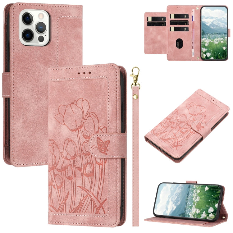 Tulips Embossed Leather Phone Case with Lanyard, For iPhone 13, For iPhone 13 mini, For iPhone 12 / 12 Pro, For iPhone 12 Pro Max