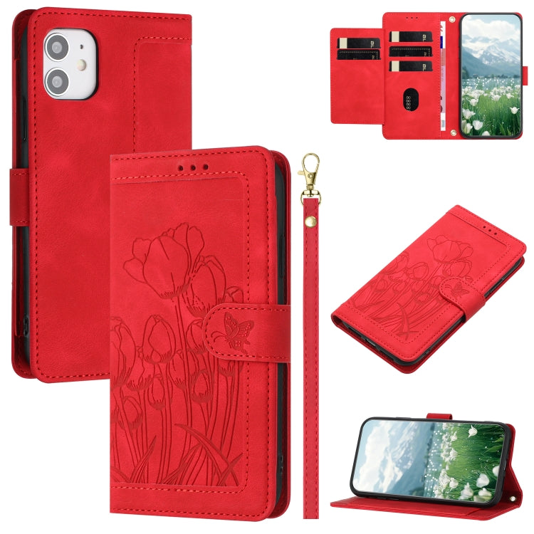 Tulips Embossed Leather Phone Case with Lanyard, For iPhone 12 mini, For iPhone 11 Pro Max, For iPhone 11, For iPhone 11 Pro